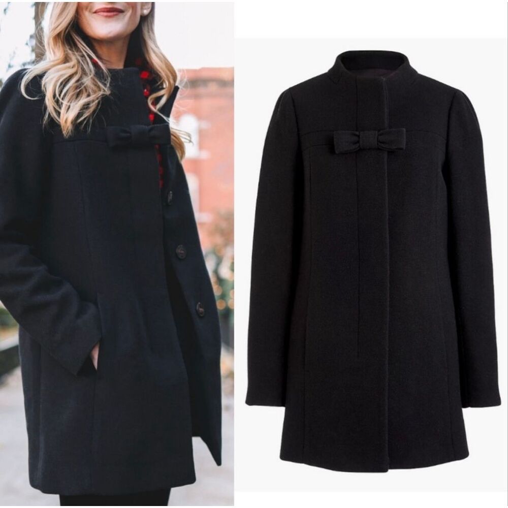 J. Crew Bow Front Coat Women’s Black Wool Button Up Long Peacoat sz 20 Jacket 2x